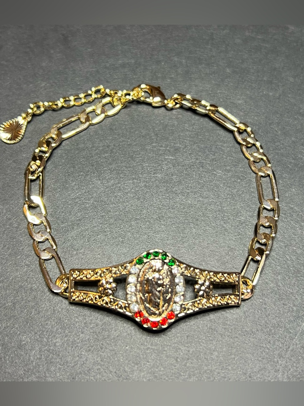 Gold Tone Religious Christian Catholic Virgin Mary Ornate Chain Link Bracelet